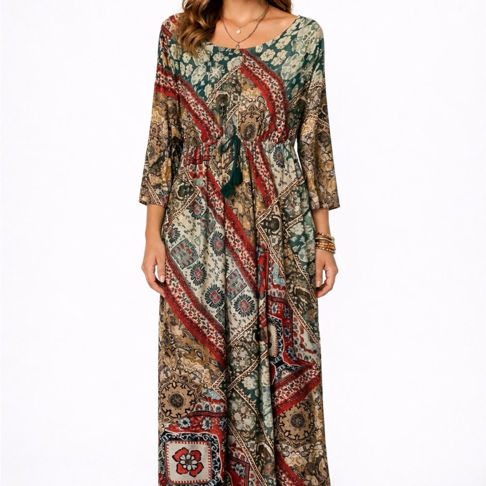 Boho Patchwork Maxi Dress Size Large Soft & Flowy… - image 1
